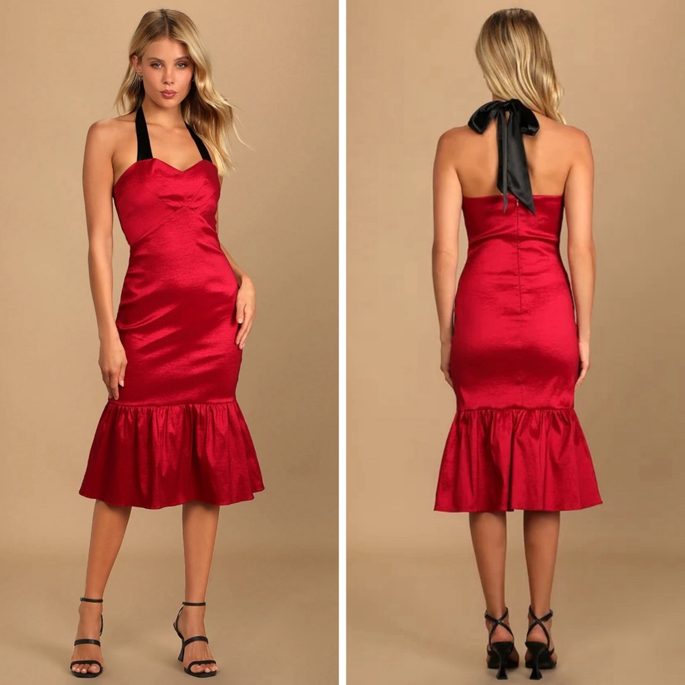 NWT Red Halter Trumpet Midi Dress